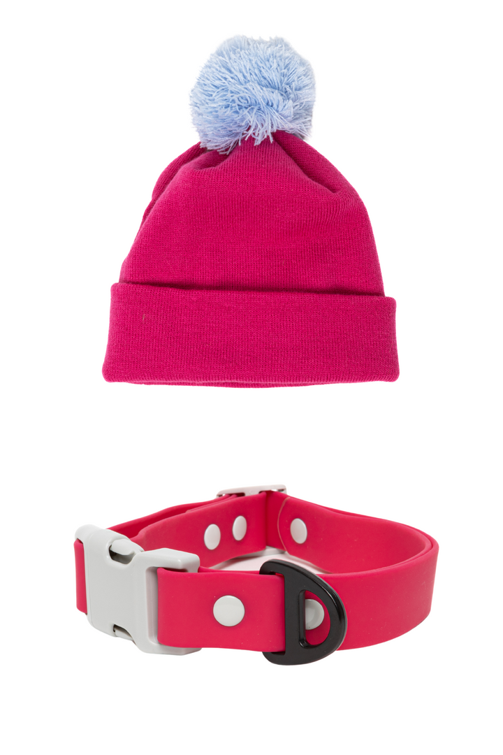 Fuchsia Winter Hat with Pom & Waterproof Collar Matching Set