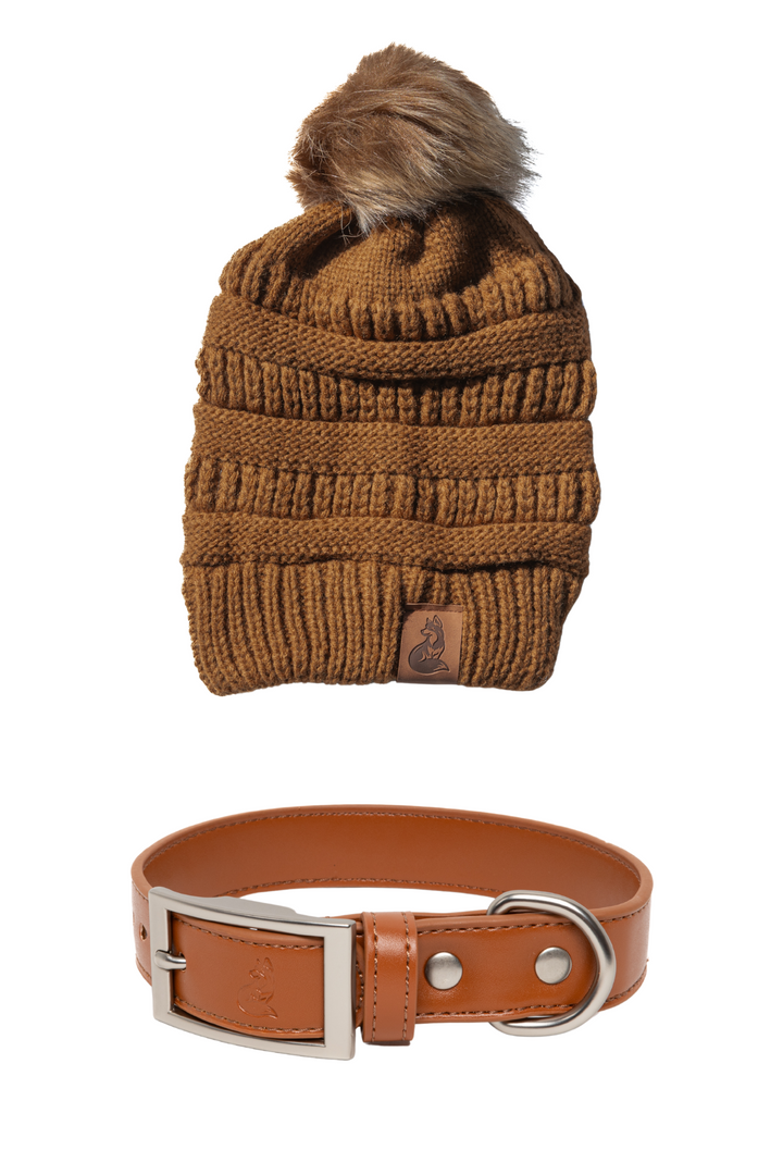 Brown Knit Hat with Pom and Vegan Leather Dog Collar Matching Set