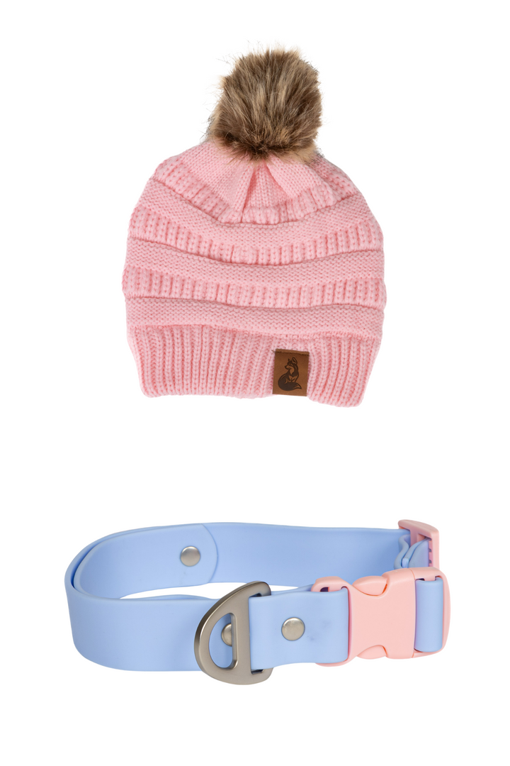 Pink Beanie with Pom & Waterproof Collar Matching Set