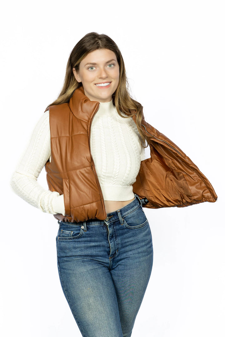 Faux Leather Zip Up Puffer Vest - Aria the Fox