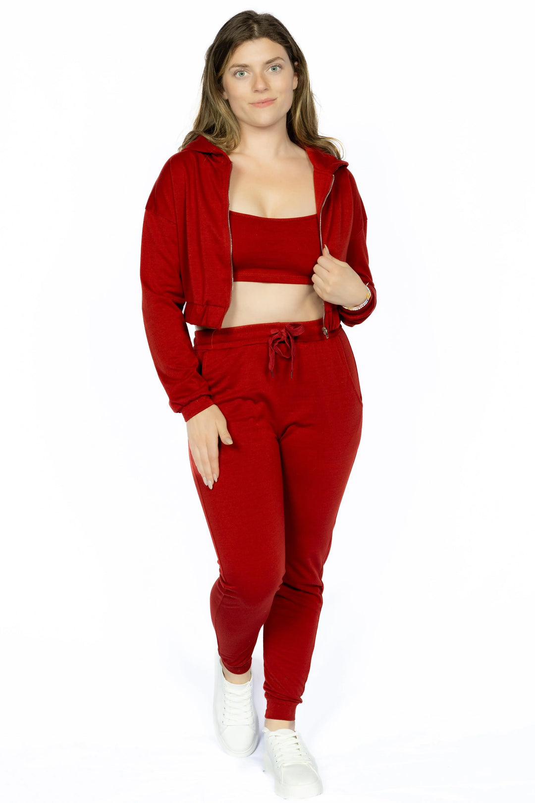 French Terry Cropped Cami with Zip-up Jacket and Joggers Set - Aria the Fox