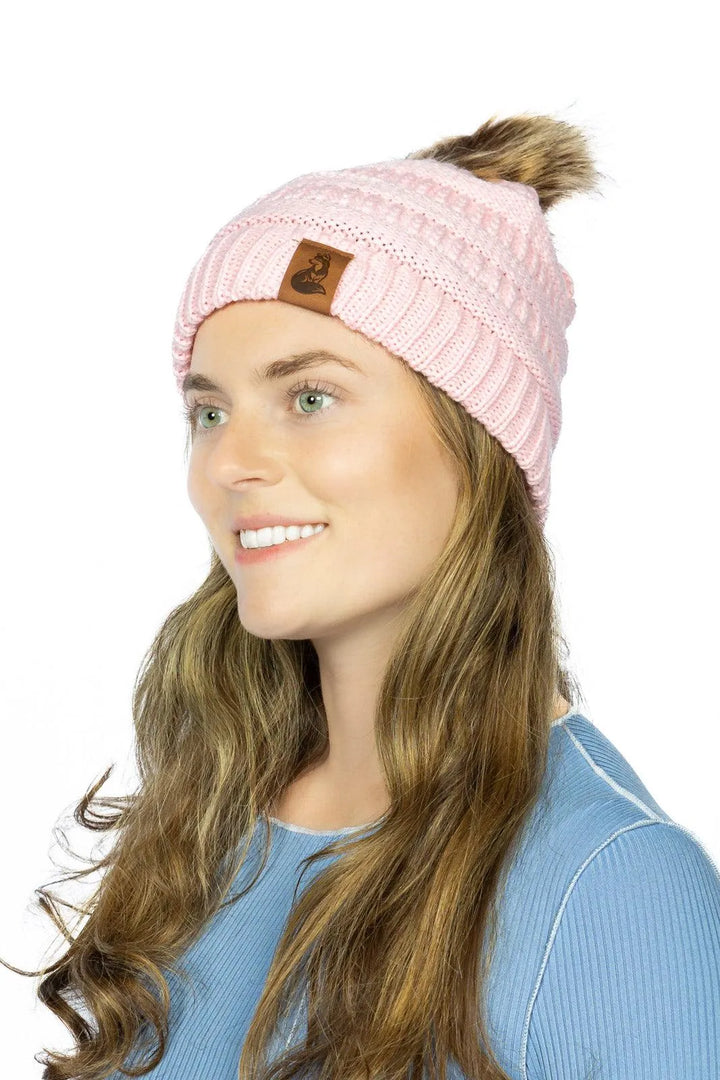 Dianthus Pink Ribbed Beanie with Pom - Aria the Fox