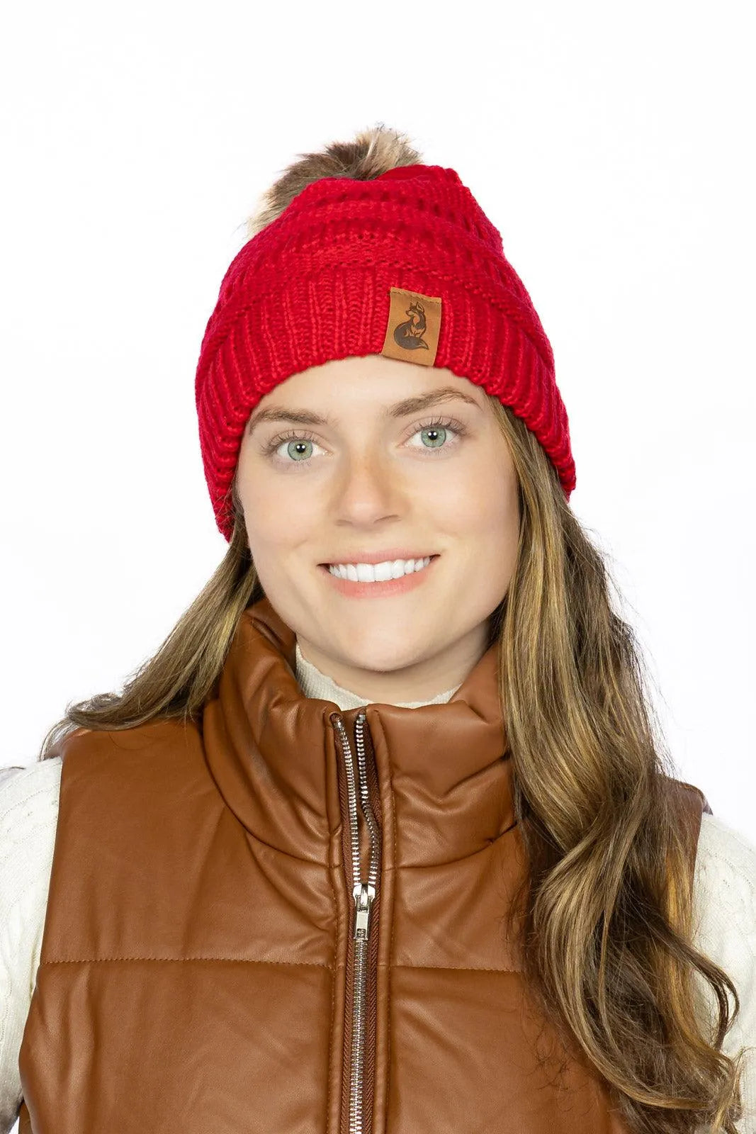 Scarlet Ribbed Beanie with Pom - Aria the Fox