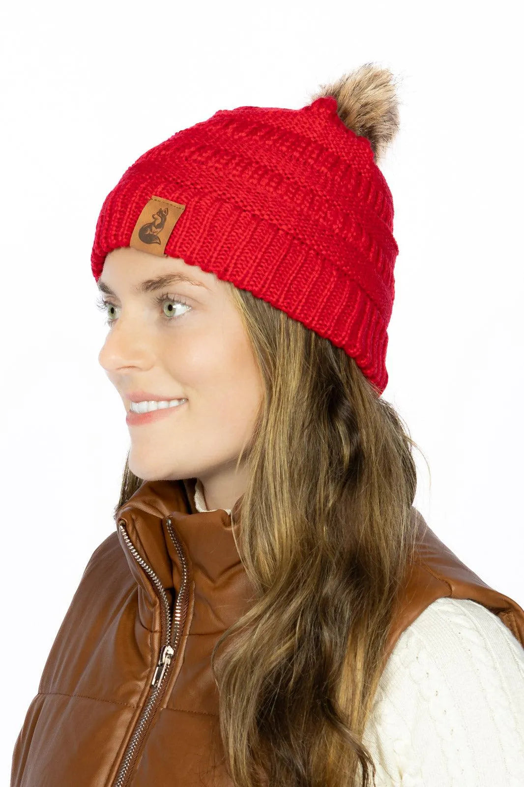 Scarlet Ribbed Beanie with Pom - Aria the Fox