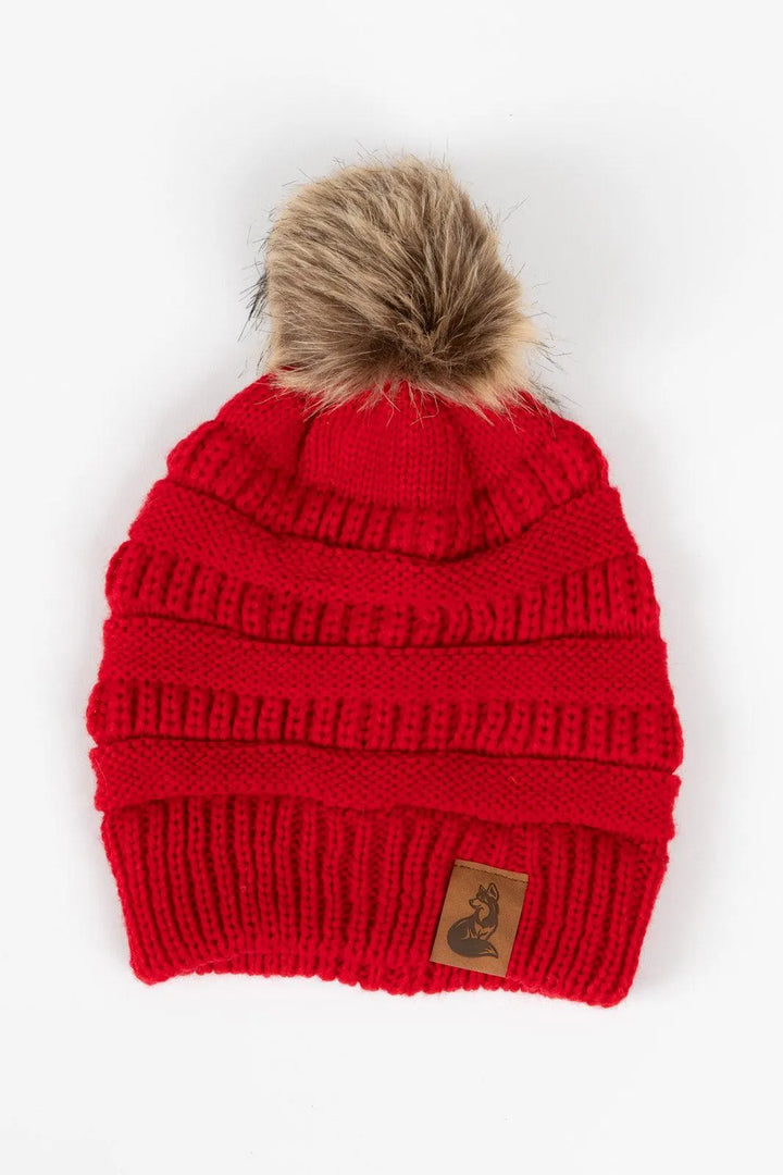 Scarlet Ribbed Beanie with Pom - Aria the Fox