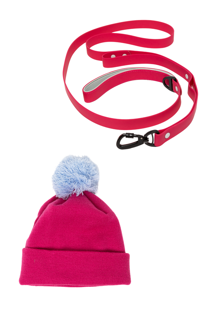 Fuchsia Winter Hat with Pom & Waterproof Leash Matching Set