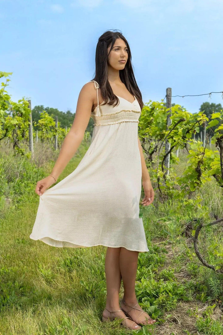 Cream Midi Dress With V Neck And Spaghetti Straps Dress