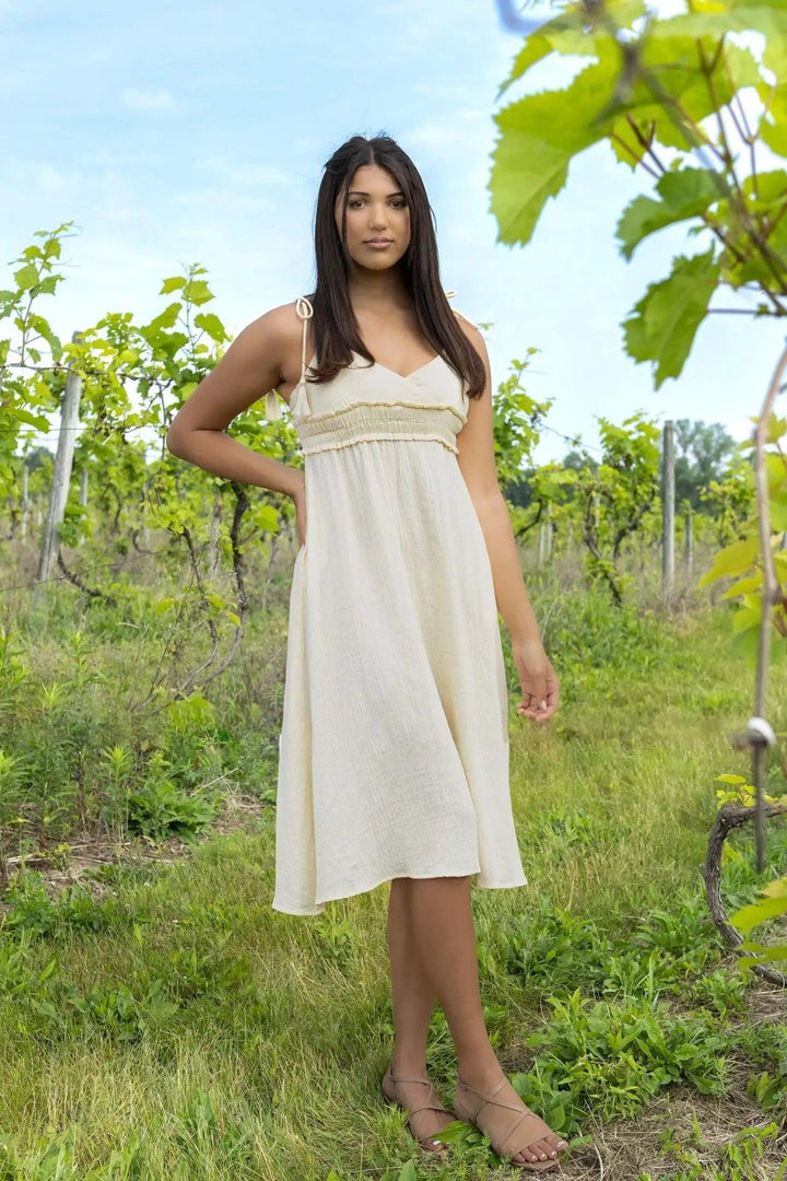 Cream Midi Dress With V Neck And Spaghetti Straps Dress