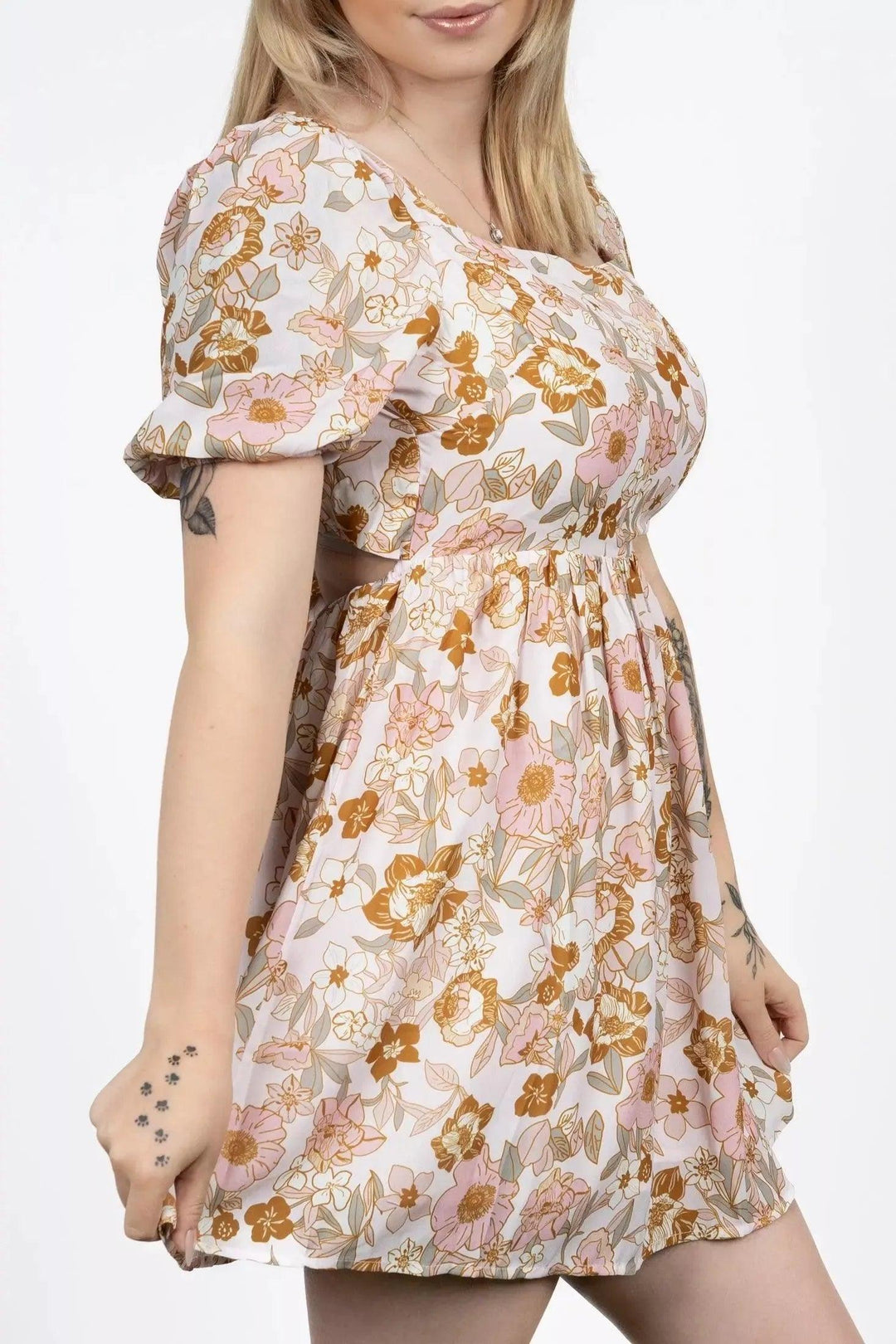 Floral Print Bow Knot Backless Square Neck Mini Dress Dress