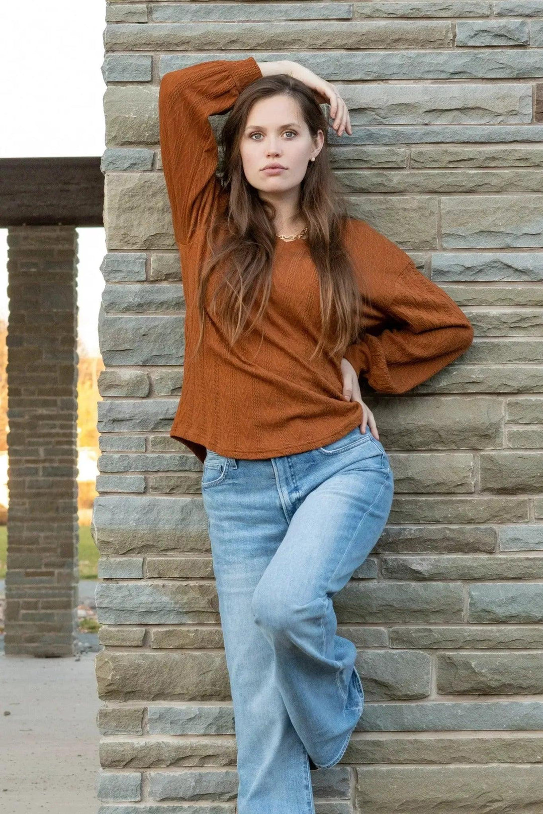 V-Neck Textured Long Sleeve Top Shirt