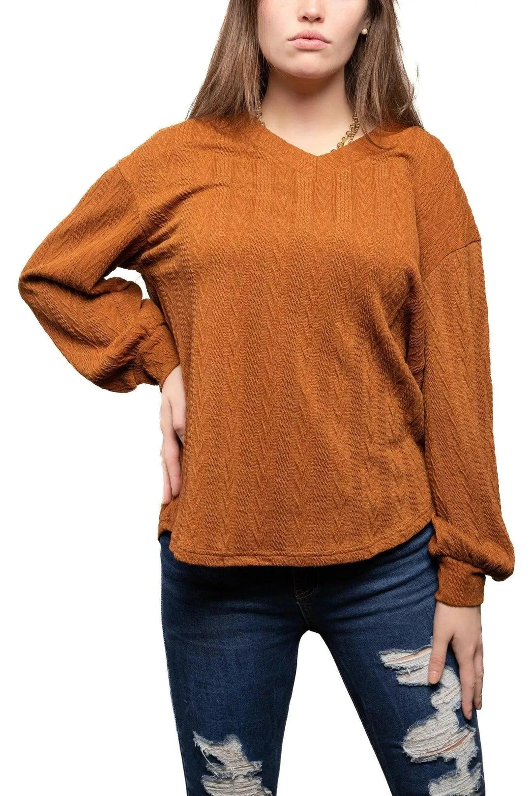 V-Neck Textured Long Sleeve Top Shirt