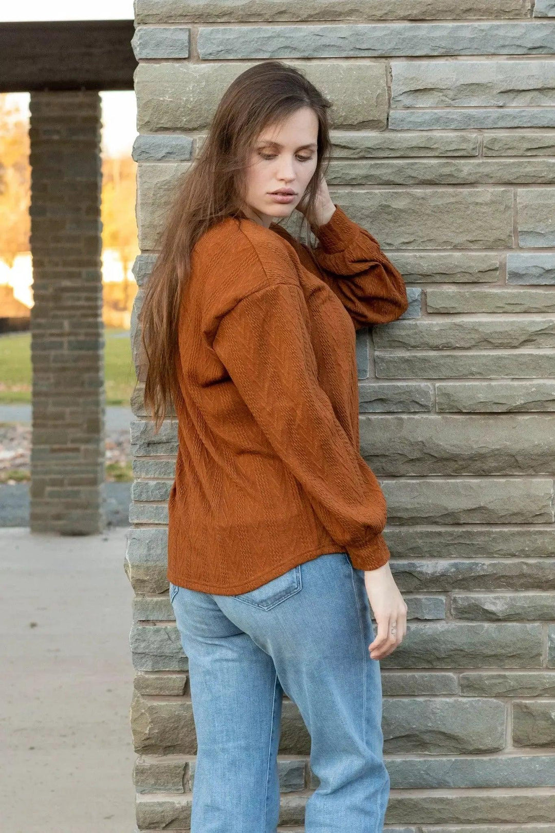 V-Neck Textured Long Sleeve Top Shirt